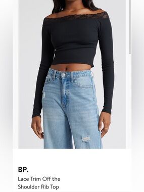 bp Black Lace-Trim Off-Shoulder Ribbed Top